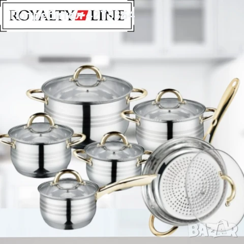 Комплект тенджери и тиган Royalty Line RL-1231G, 12ч.,16К/16/18/ 20/24/24Tсм., Индукция, Инокс, Злат, снимка 1