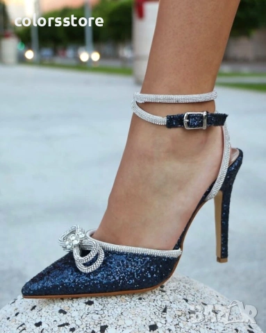 Сандали на ток - син брокат - BY22 , снимка 2 - Сандали - 32650587