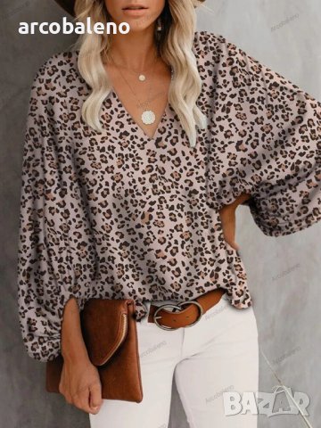 Дамска ежедневна риза с щампован фенерски ръкав с V-образно деколте, 9цвята , снимка 16 - Ризи - 42039048