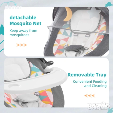 Електрически бебешки люлеещ се стол с Bluetooth, 5 скорости, сив, снимка 5 - Други - 53634105