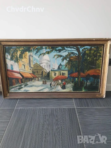 114х64см/стара голяма картина масло върху платно/градски пейзаж-зима/Anastasia/дървена рамка