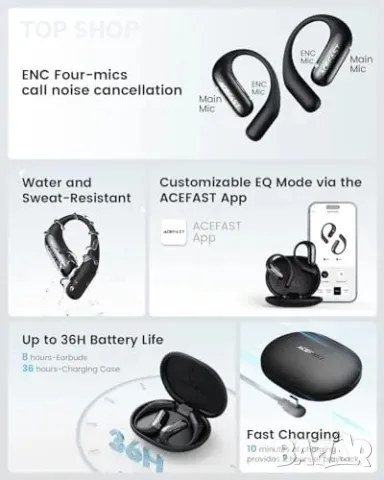 Нови Отворени слушалки с дълбок бас, леки, удобни, бързо зареждане, снимка 6 - Bluetooth слушалки - 49444176