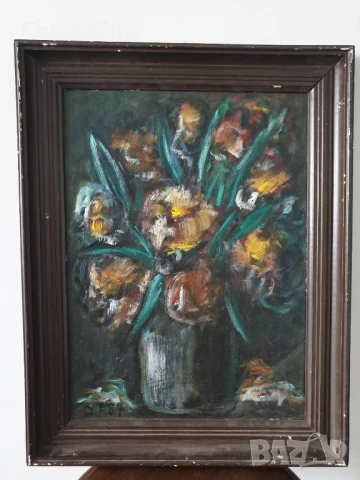 48х37см/картина масло върху фазер/натюрморт ваза с цветя/1987/дървена рамка