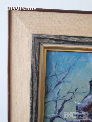 61х53см/абстрактна картина масло върху платно/градски пейзаж-зима-фонтан/дървена рамка, снимка 7 - Картини - 51019825