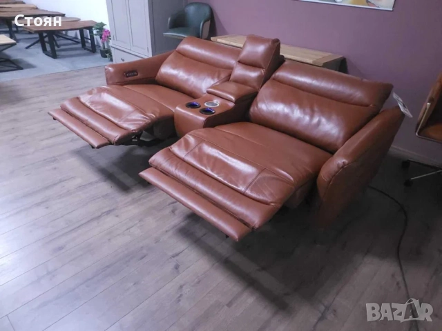 Кафяв кожен диван голяма двойка с електрически релаксиращ механизъм, снимка 8 - Дивани и мека мебел - 52825846