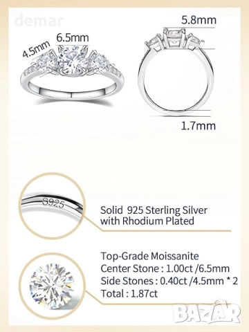 Дамски пръстени с три камъка моисанит 1.87 карата, масивно сребро 925, размер 4-11, снимка 6 - Пръстени - 51481346
