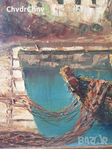 Sirokos 110х70см Сиорокос/стара гръцка голяма картина масло върху платно/морски пейзаж/рибари-лодки, снимка 7 - Картини - 52207867
