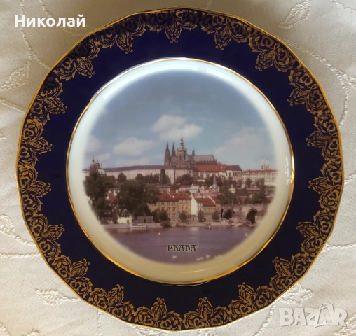 Порцеланови чинии син кобалт, декорирани с 22К злато, Хихон / Gijon и Прага, с поставки, нови, лот, снимка 3 - Колекции - 36404475