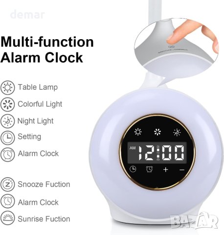 2 в 1 будилник със сензорно управление и светлина, снимка 2 - Настолни лампи - 42435247