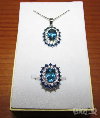 925 сребърно колие с натурален London Blue Topaz 8х6мм, подходящо за подарък , снимка 1