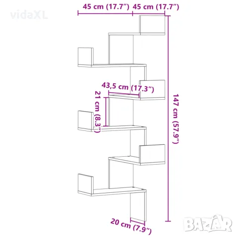 vidaXL Стенен ъглов рафт, дъб сонома, 45x45x147 см, инженерно дърво, снимка 9 - Етажерки - 56148293