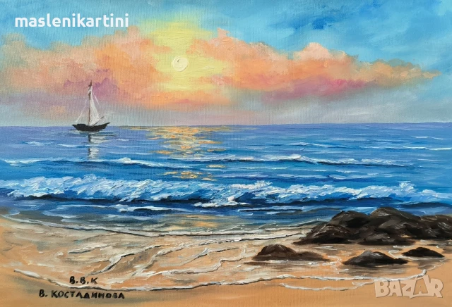 Море и корабче маслена картина 