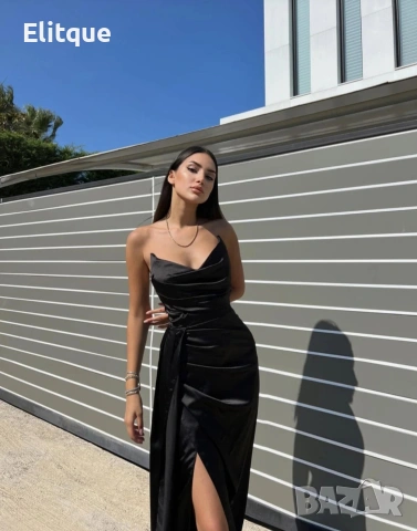 дълга сатенена рокля с цепка 