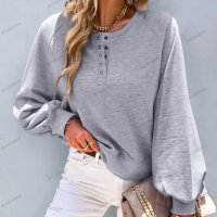 Свободна едноцветна дамска блуза с обло деколте, 2цвята - 023, снимка 3 - Блузи с дълъг ръкав и пуловери - 39477055