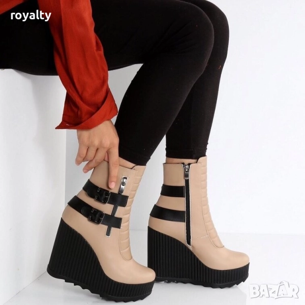 Боти на платформа - бежова кожа с черно ходило, снимка 1