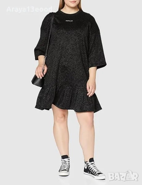 Replay Дамска Макси памучна пролетно-лятна рокля, черна със златиста нишка, снимка 1