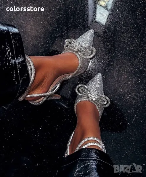 Сандали на ток - сребрист брокат - BY22, снимка 1