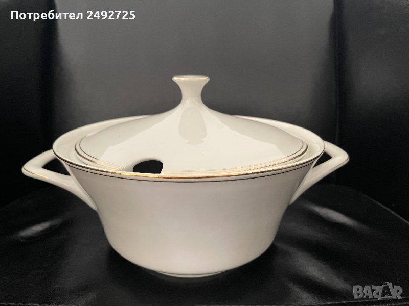 Супник, златен кант, бяло, снимка 1