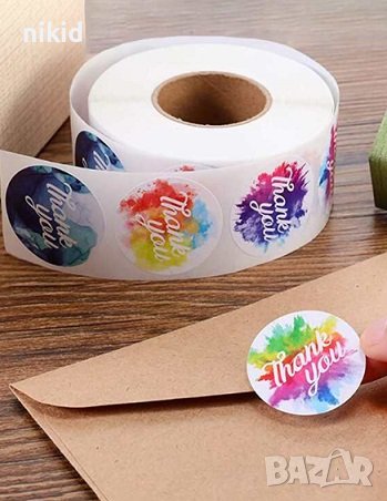 100 бр Thank you пъстри шарени самозалепващи лепенки стикери за ръчна изработка за подарък, снимка 1
