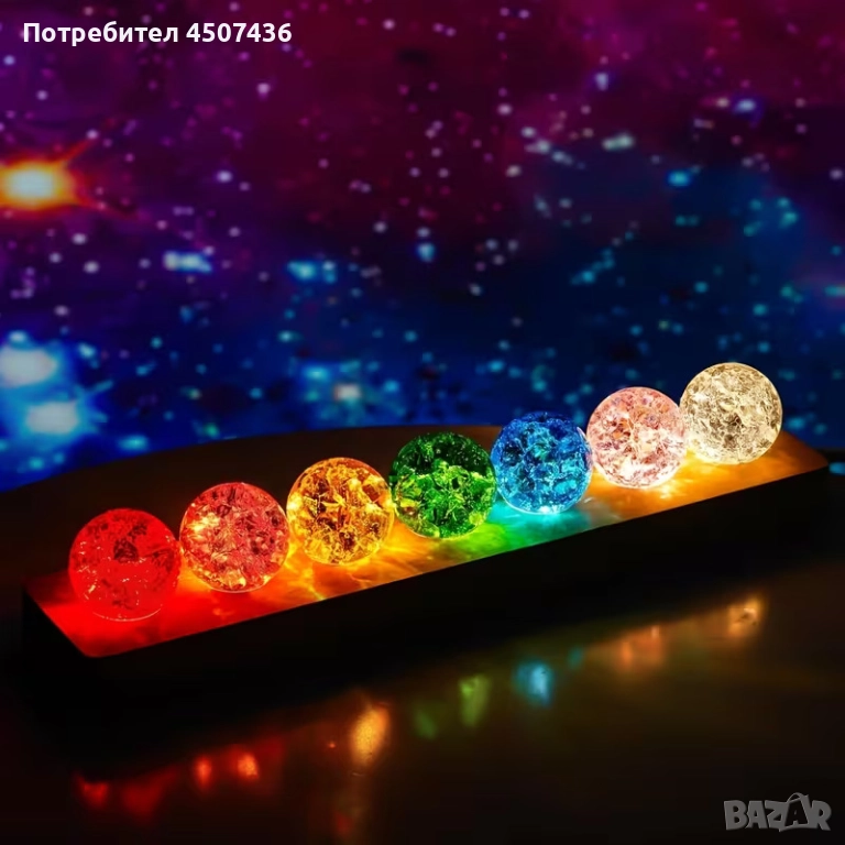 Лампа 7 Кристални топки , 7-цветна LED сфера, 7-частична светлина за медитация с дървена основа, снимка 1