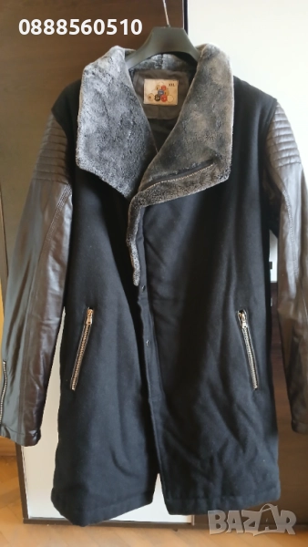 НАМАЛЕНИЕ* Стилно и Модерно Мъжко Палто с висока яка и кожени ръкави, снимка 1