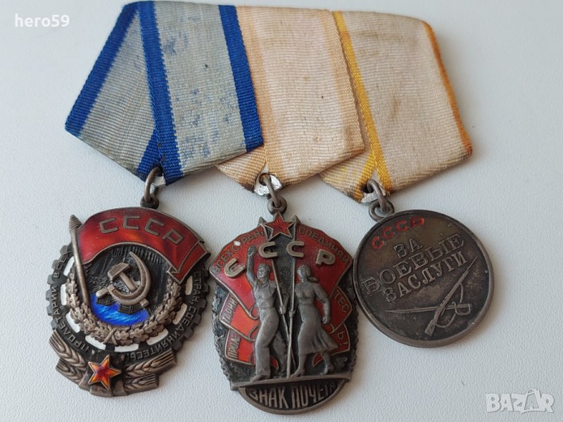 СССР-колодка от три ордена сребро емайл «Знак Почёта»,Трудового Красного Зн/медал орден знак значка/, снимка 1