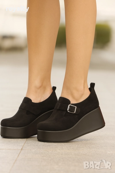 Обувки на платформа - черен велур с черно ходило, снимка 1