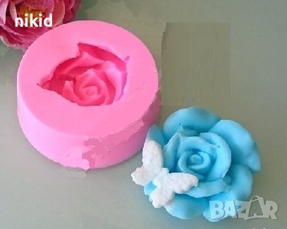 Голяма роза с кацнала пеперуда силиконов молд форма фондан гипс свещ сапун, снимка 1
