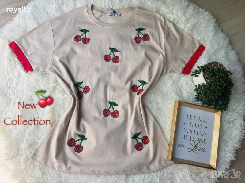 Памучни дамски тениски череши, снимка 1