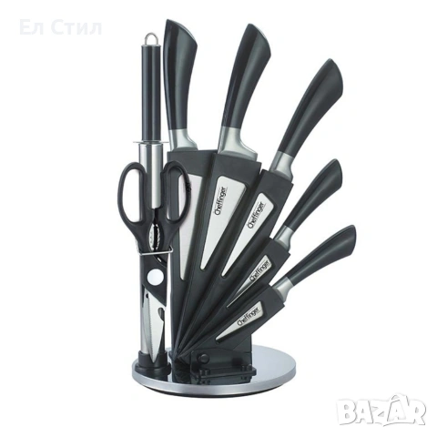 Комплект ножове 8 части със стойка Cheffinger – неръждаема стомана, въртяща се акрилна поставка 360°, снимка 11 - Прибори за хранене, готвене и сервиране - 53565437