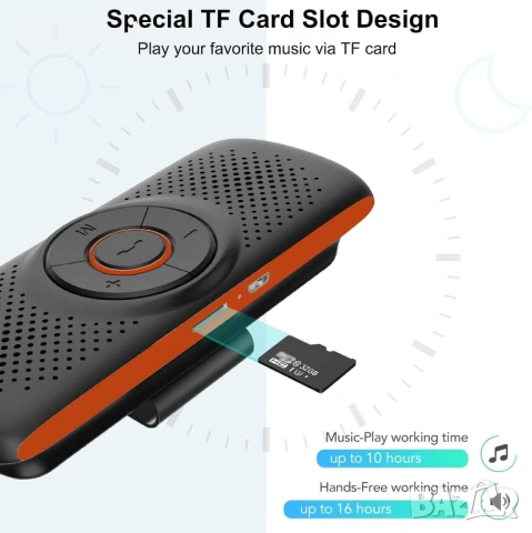 Bluetooth Handsfree Високоговорител за кола – Гласов контрол (Siri/Google), 20ч. разговори и Слот за, снимка 6 - Други - 53212578