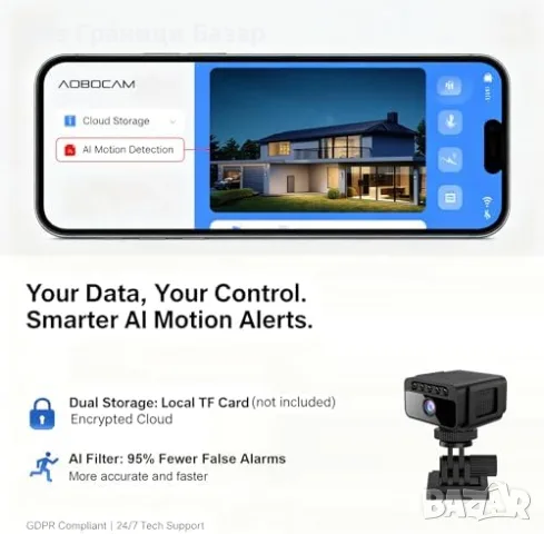Нова Мини Камера AOBOCAM 4K WiFi MicroSD слот Нощно Виждане Детектор Движение охрана дом, снимка 6 - Други - 56224075