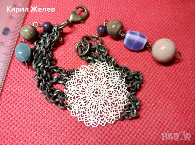 ФЛОРАЛНА ФИЛИГРАНЕН Тип МЕСИНГОВА ВИНТИДЖ ГРИВНА с ЦВЕТНА АРТ КЕРАМИКА 30523, снимка 6 - Гривни - 47298445