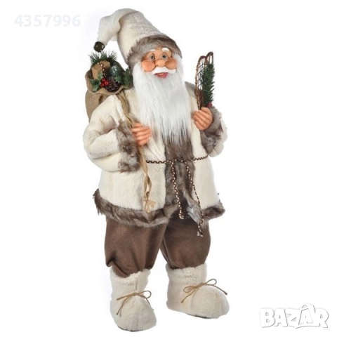 Коледна фигура Дядо Коледа с екрю бежово облекло, чувал и ски, 80cм, снимка 4 - Декорация за дома - 52394403