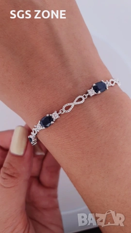 Сребърна гривна със сапфир и знак за безкрайност от Тайланд, снимка 4 - Гривни - 53440096