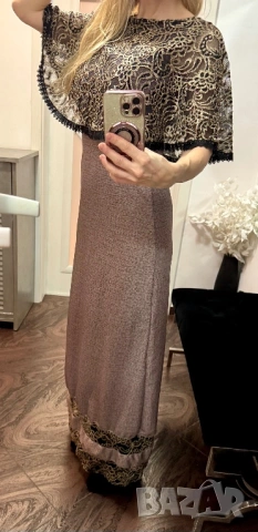 Елегантна рокля в кафяво и златно, снимка 3 - Рокли - 53470786