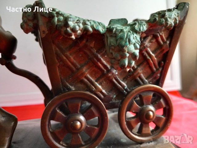 Jacques Bousseau Стара Бронзова Статуетка Херувим с Количка, снимка 3 - Антикварни и старинни предмети - 52489251