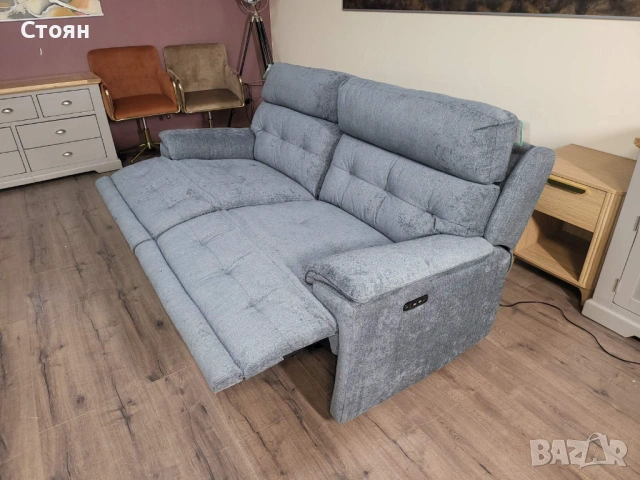 Сив диван тройка от плат с електрически релаксиращ механизъм, снимка 7 - Дивани и мека мебел - 53719996