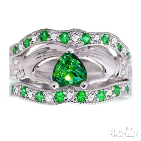 Комплект 3 пръстена с изумруди и циркони, снимка 2 - Пръстени - 41994416