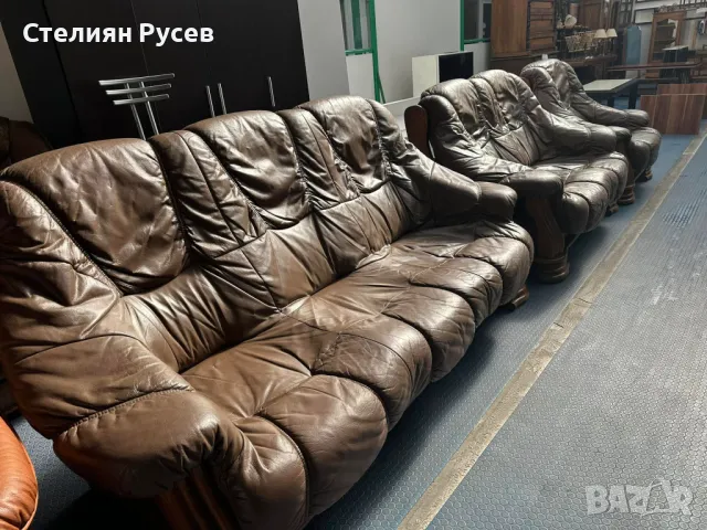  100325 кожен холов диван 2ка 130 см + диван 3ка 200см + фотьойл / холна гарнитура / ретро / тъмно к, снимка 10 - Дивани и мека мебел - 49434439