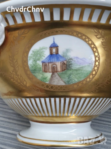 Dresden фруктиера 31см-2кг/Дрезден стара немска порцеланова купа с дръжки-лебеди, снимка 6 - Вази - 53506505