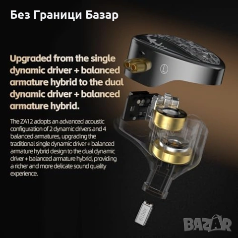 Нови KZ ZA12 хибридни слушалки 6 драйвера 2pin сменяем кабел 3.5мм, снимка 4 - Слушалки и портативни колонки - 53536296
