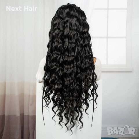 Екзотична черна синтетична перука с пълзящи плитки и къдрава дължина 70 см - Lace Front 13x6, снимка 8 - Аксесоари за коса - 52878519