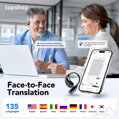AI Слушалки-Преводач XP7 с Тъчскрийн – 135 езика, Bluetooth 5.4, 50ч батерия. Чисто нов продукт ..., снимка 3 - Слушалки и портативни колонки - 53216779