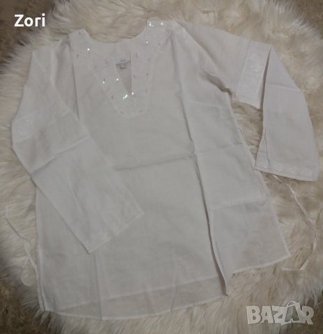 УНИКАЛНО КРАСИВА бяла риза с V-образно деколте с пайети и синци в бохо стил, снимка 1 - Ризи - 38778346