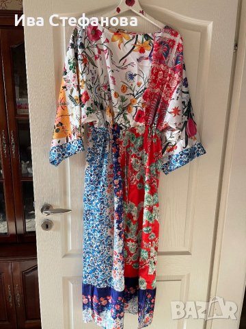Дълга нова памук памучна елегантна ежедневна рокля тип кимоно широк ръкав флорален принт цветя 
