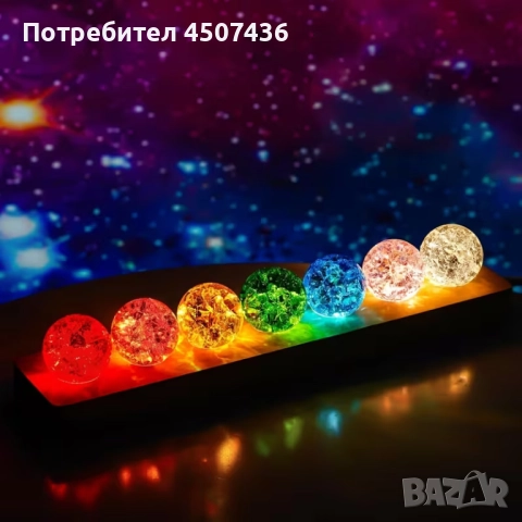 Лампа 7 Кристални топки , 7-цветна LED сфера, 7-частична светлина за медитация с дървена основа