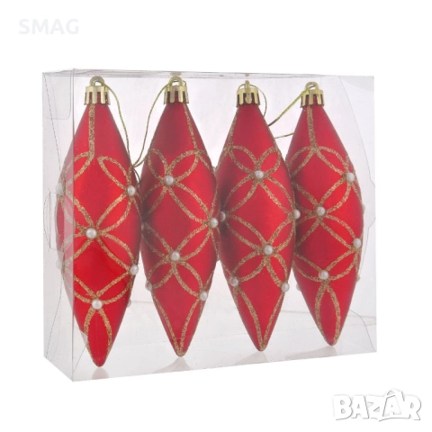 Комплект коледни украси за елха – червени матови висулки с брокат и перли, 12 см – 4 бр._1253884, снимка 2 - Други - 52353704