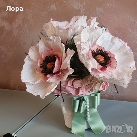 🌷 Ръчно изработена цветна аранжировка в бяло и розово от арт ателие Lollipop, снимка 9 - Декорация за дома - 52321552