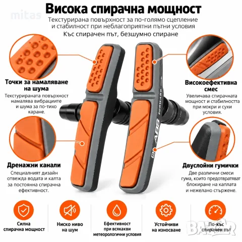 Гумички за V-Brake спирачки ELVEDES 72 мм, ABS система, Сиво-оранжеви, Комплект, снимка 10 - Части за велосипеди - 56208021